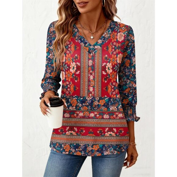 Womens 3/4 Sleeve Blouse Polyester Spandex V-Neck Casual Top Large - Picture 5 of 5
